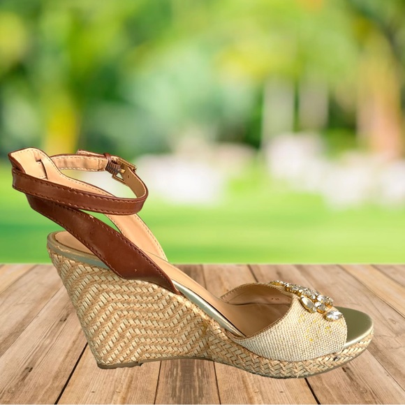 LIZ CLAIBORNE RHINESTONE BLING ANKLE STRAP JUTE PLATFORM WEDGE SANDALS - Picture 3 of 5